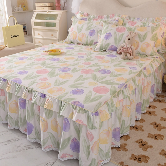 91家纺网 家纺一手货源 找家纺 美达 2025全棉蕾丝小花边单床裙 春日蜜糖