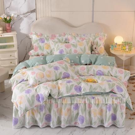 91家纺网 家纺一手货源 找家纺 美达2025全棉蕾丝小花边单层床裙全棉四件套 春日蜜糖