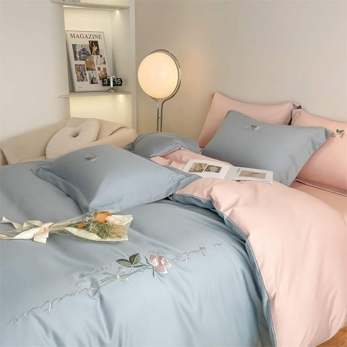 91家纺网 家纺一手货源 找家纺 秀色家纺 新品Ａ类60s长绒棉唤醒系列四件套 唤醒-天空蓝+茱萸粉