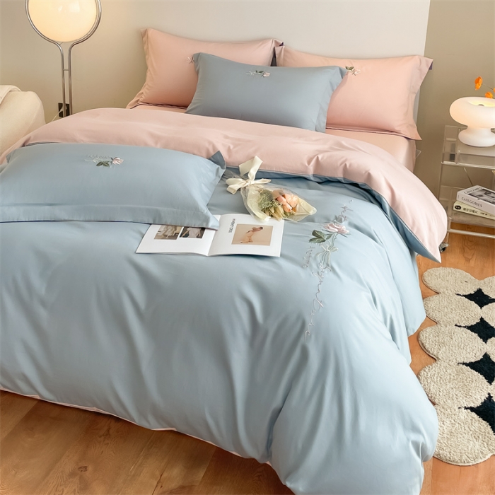 91家纺网 家纺一手货源 找家纺 秀色家纺 新品Ａ类60s长绒棉唤醒系列四件套 唤醒-天空蓝+茱萸粉