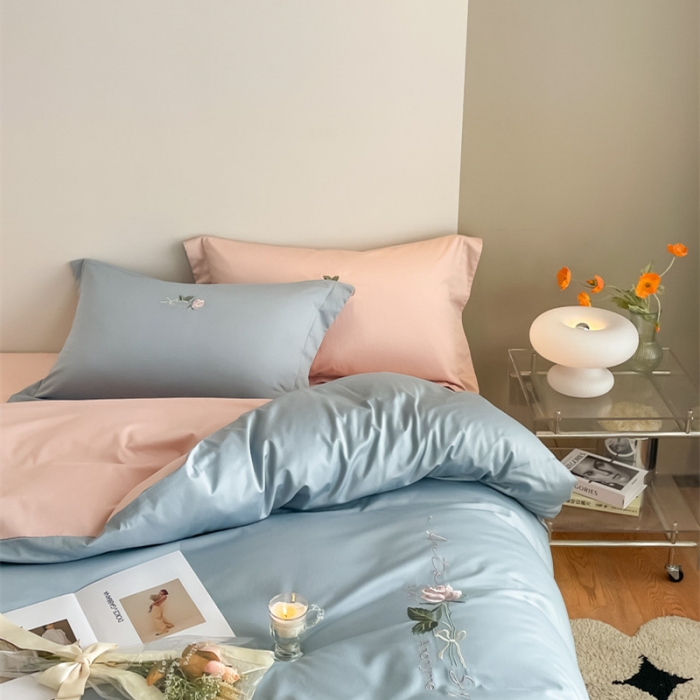 91家纺网 家纺一手货源 找家纺 秀色家纺 新品Ａ类60s长绒棉唤醒系列四件套 唤醒-天空蓝+茱萸粉