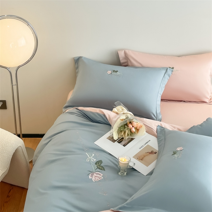 91家纺网 家纺一手货源 找家纺 秀色家纺 新品Ａ类60s长绒棉唤醒系列四件套 唤醒-天空蓝+茱萸粉