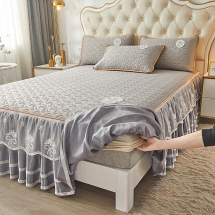 91家纺网 家纺一手货源 找家纺 恋尚 2023新款纯色0.5乳胶床笠式床裙款凉席三件套（可脱卸） 米亚-浅灰