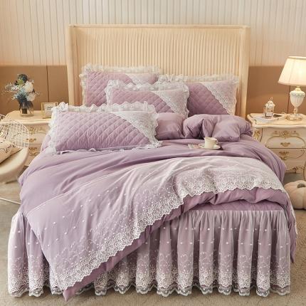 恋尚 2023新款纯色雪花绒夹棉蕾丝床裙四件套（四季款） 玫瑰公主-浅紫