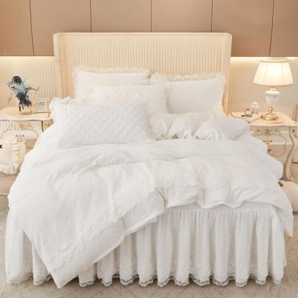 恋尚 2023新款纯色雪花绒夹棉蕾丝床裙四件套（四季款） 玫瑰公主-白