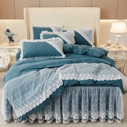 恋尚 2023新款纯色雪花绒夹棉蕾丝床裙四件套（四季款） 玫瑰公主-菲蓝