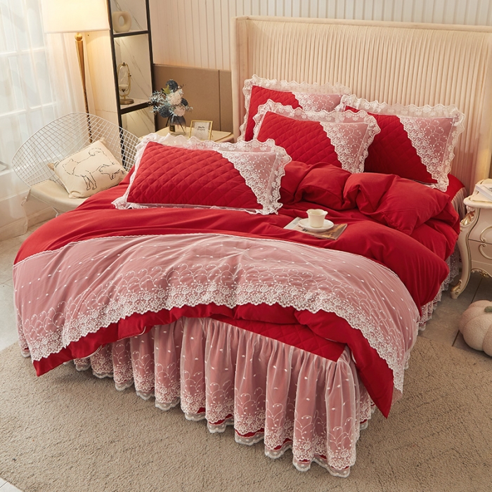 91家纺网 家纺一手货源 找家纺 恋尚 2023新款纯色雪花绒夹棉蕾丝床裙四件套（四季款） 玫瑰公主-玛雅红