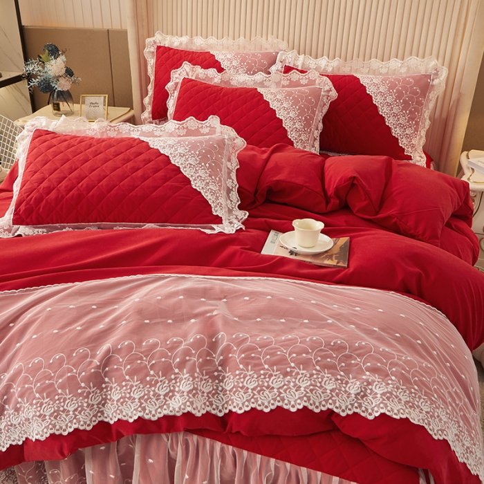91家纺网 家纺一手货源 找家纺 恋尚 2023新款纯色雪花绒夹棉蕾丝床裙四件套（四季款） 玫瑰公主-玛雅红