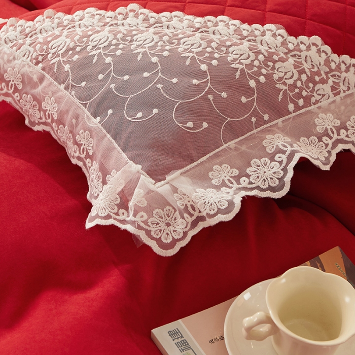 91家纺网 家纺一手货源 找家纺 恋尚 2023新款纯色雪花绒夹棉蕾丝床裙四件套（四季款） 玫瑰公主-玛雅红