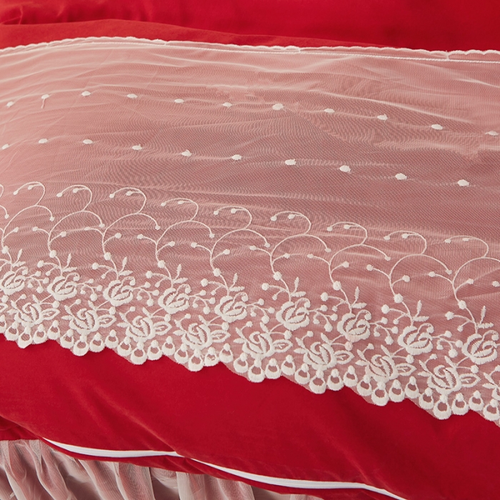 91家纺网 家纺一手货源 找家纺 恋尚 2023新款纯色雪花绒夹棉蕾丝床裙四件套（四季款） 玫瑰公主-玛雅红