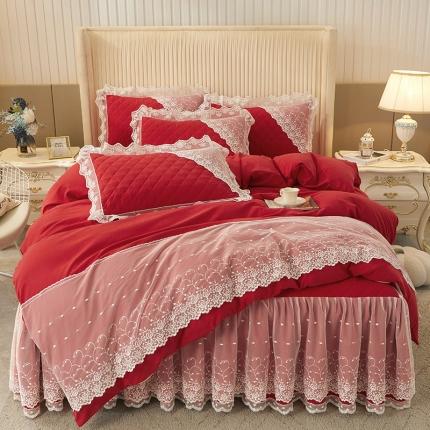 恋尚 2023新款纯色雪花绒夹棉蕾丝床裙四件套（四季款） 玫瑰公主-玛雅红