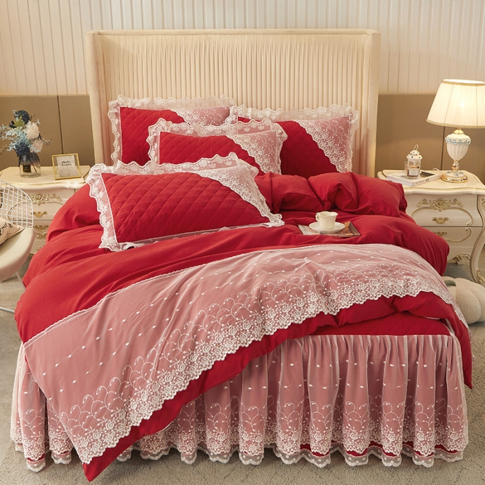 91家纺网 家纺一手货源 找家纺 恋尚 2023新款纯色雪花绒夹棉蕾丝床裙四件套（四季款） 玫瑰公主-玛雅红