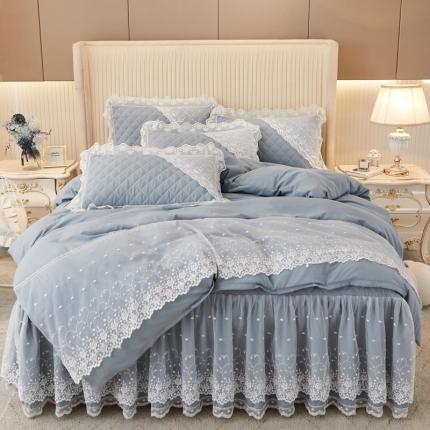 恋尚 2023新款纯色雪花绒夹棉蕾丝床裙四件套（四季款） 玫瑰公主-莫青