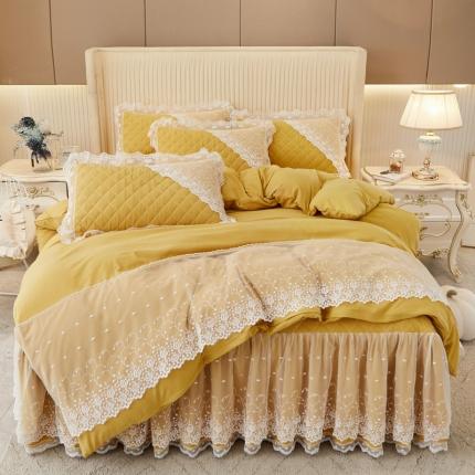 恋尚 2023新款纯色雪花绒夹棉蕾丝床裙四件套（四季款） 玫瑰公主-柠檬黄