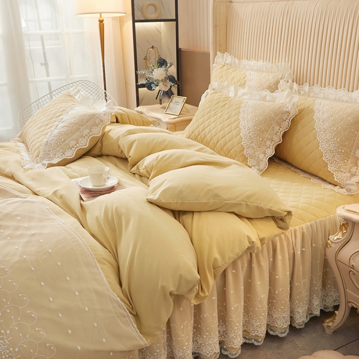 91家纺网 家纺一手货源 找家纺 恋尚 2023新款纯色雪花绒夹棉蕾丝床裙四件套（四季款） 玫瑰公主-浅黄
