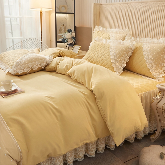 91家纺网 家纺一手货源 找家纺 恋尚 2023新款纯色雪花绒夹棉蕾丝床裙四件套（四季款） 玫瑰公主-浅黄