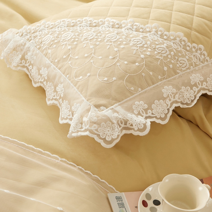 91家纺网 家纺一手货源 找家纺 恋尚 2023新款纯色雪花绒夹棉蕾丝床裙四件套（四季款） 玫瑰公主-浅黄
