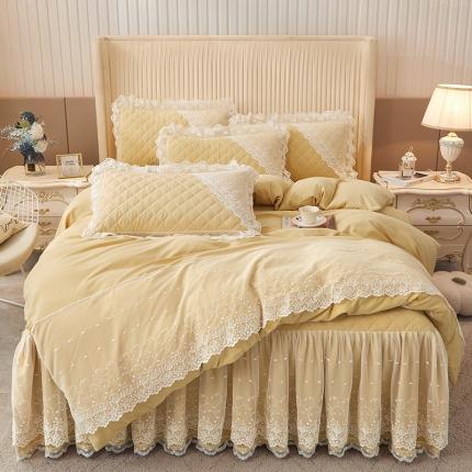 恋尚 2023新款纯色雪花绒夹棉蕾丝床裙四件套（四季款） 玫瑰公主-浅黄
