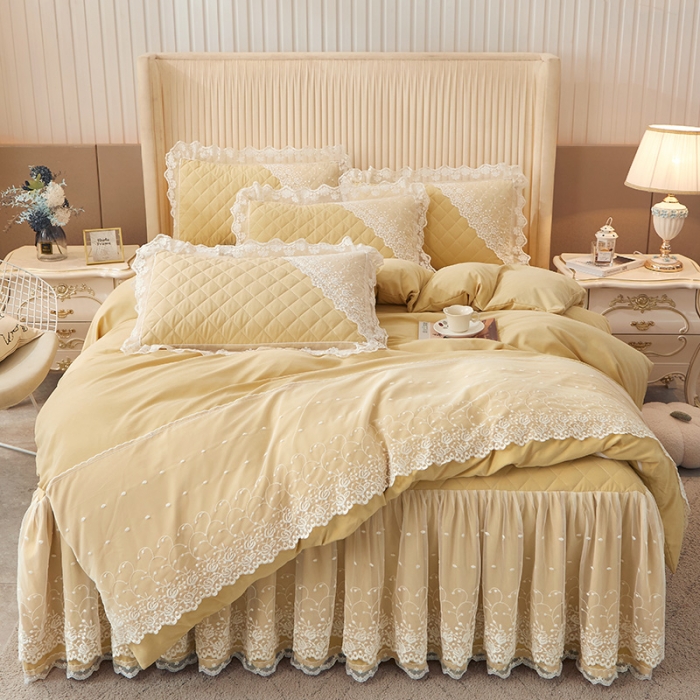 91家纺网 家纺一手货源 找家纺 恋尚 2023新款纯色雪花绒夹棉蕾丝床裙四件套（四季款） 玫瑰公主-浅黄