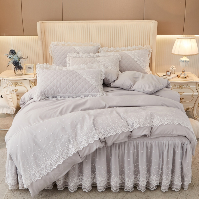 91家纺网 家纺一手货源 找家纺 恋尚 2023新款纯色雪花绒夹棉蕾丝床裙四件套（四季款） 玫瑰公主-浅灰