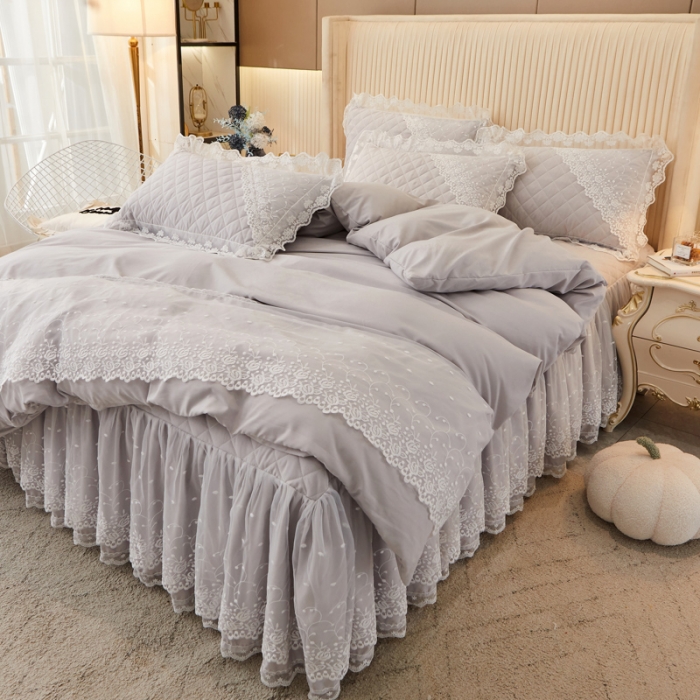 91家纺网 家纺一手货源 找家纺 恋尚 2023新款纯色雪花绒夹棉蕾丝床裙四件套（四季款） 玫瑰公主-浅灰