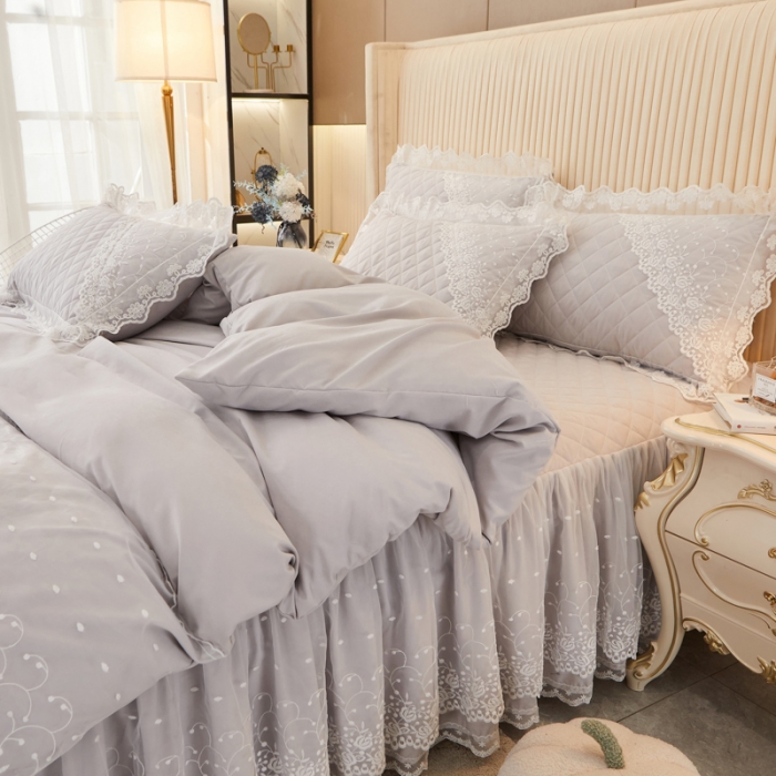 91家纺网 家纺一手货源 找家纺 恋尚 2023新款纯色雪花绒夹棉蕾丝床裙四件套（四季款） 玫瑰公主-浅灰