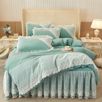 恋尚 2023新款纯色雪花绒夹棉蕾丝床裙四件套（四季款） 玫瑰公主-青绿