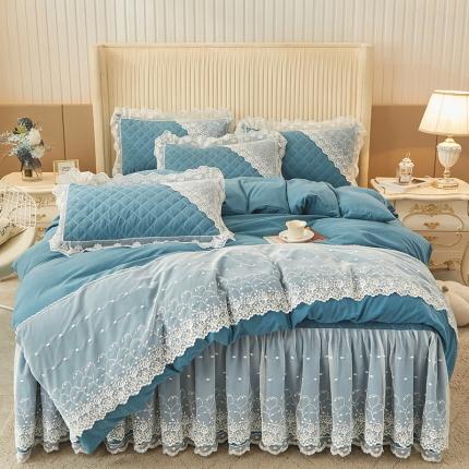 恋尚 2023新款纯色雪花绒夹棉蕾丝床裙四件套（四季款） 玫瑰公主-天蓝