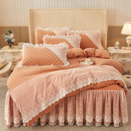 恋尚 2023新款纯色雪花绒夹棉蕾丝床裙四件套（四季款） 玫瑰公主-杏黄
