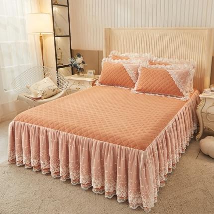 91家纺网 家纺一手货源 找家纺 恋尚 2023新款纯色雪花绒夹棉蕾丝床裙三件套（四季款） 玫瑰公主-杏黄