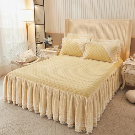 91家纺网 家纺一手货源 找家纺 （总）恋尚 2023新款纯色雪花绒夹棉蕾丝床裙三件套（四季款）