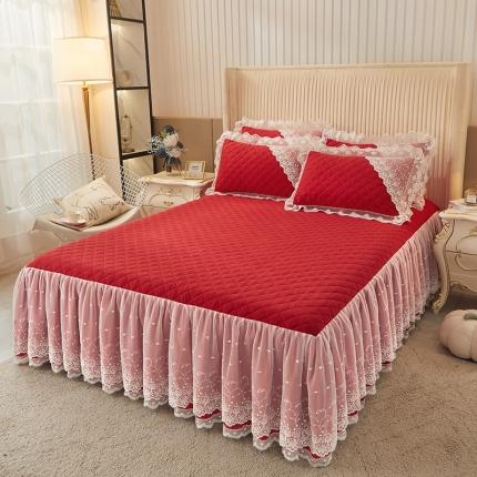 91家纺网 家纺一手货源 找家纺 恋尚 2023新款纯色雪花绒夹棉蕾丝床裙三件套（四季款） 玫瑰公主-玛雅红