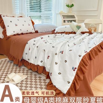91家纺网 家纺一手货源 找家纺 晚安家纺2024A类双层纱水洗棉麻夏凉被四件套韩版花边空调被 小樱桃