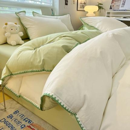 91家纺网 家纺一手货源 找家纺 莱登卡奴2023新款全棉13374贝壳绣系列四件套贝壳绣-奶白拼抹茶绿