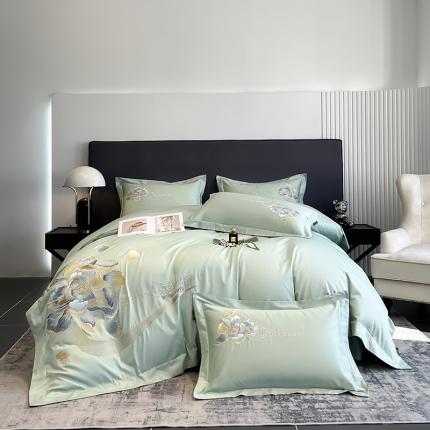 91家纺网 家纺一手货源 找家纺 莱阁亿 2023新款高支高密精疏长绒棉A类刺绣床单款四件套 烟雨赋-绿