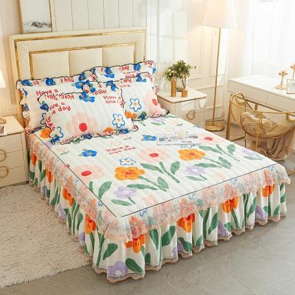 91家纺网 家纺一手货源 找家纺 （总）宜凡 2023新款全棉印花夹棉床裙-床裙三件套