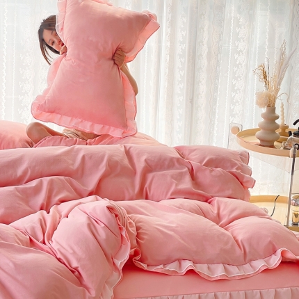 91家纺网 家纺一手货源 找家纺 （总）简爱 2025新款水洗棉雪纺双层花边四件套