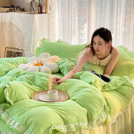 91家纺网 家纺一手货源 找家纺 （总）简爱 2025新款水洗棉雪纺双层花边四件套