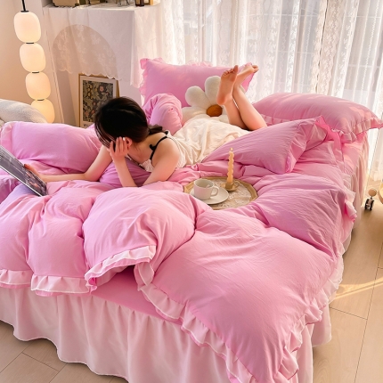 91家纺网 家纺一手货源 找家纺 （总）简爱 2025新款水洗棉雪纺双层花边四件套