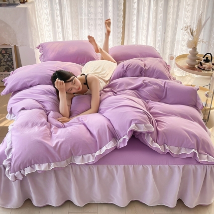 91家纺网 家纺一手货源 找家纺 （总）简爱 2025新款水洗棉雪纺双层花边四件套