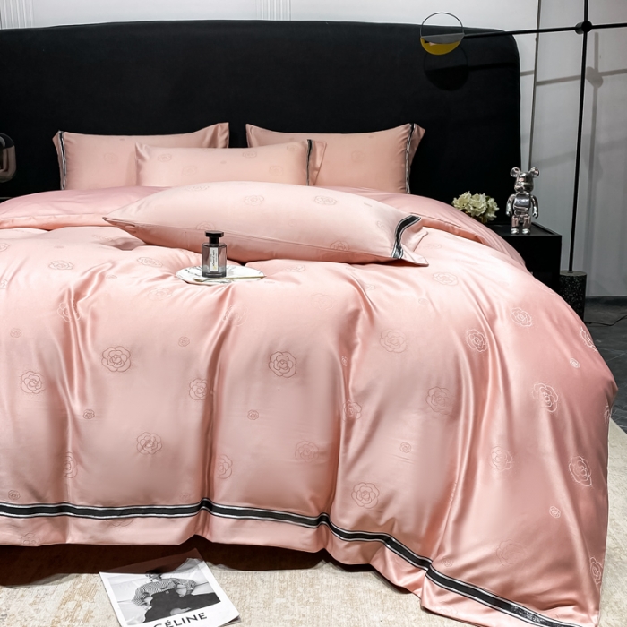 91家纺网 家纺一手货源 找家纺 宅家居2023新款设计款轻奢高精密贡缎提花臻品真丝四件套 山茶花-粉玉