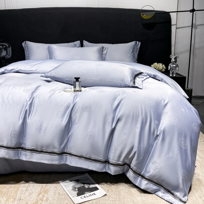 91家纺网 家纺一手货源 找家纺 宅家居2023新款设计款轻奢高精密贡缎提花臻品真丝四件套 山茶花-蓝灰