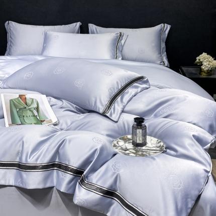 宅家居2023新款设计款轻奢高精密贡缎提花臻品真丝四件套 山茶花-蓝灰