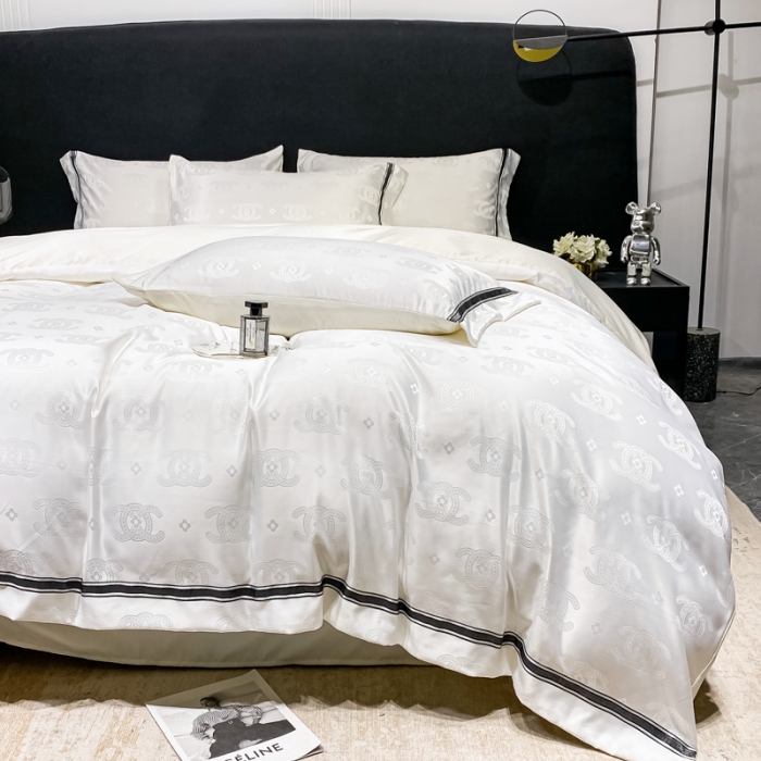 91家纺网 家纺一手货源 找家纺 宅家居2023新款设计款轻奢高精密贡缎提花臻品真丝四件套 香乃乃-米白