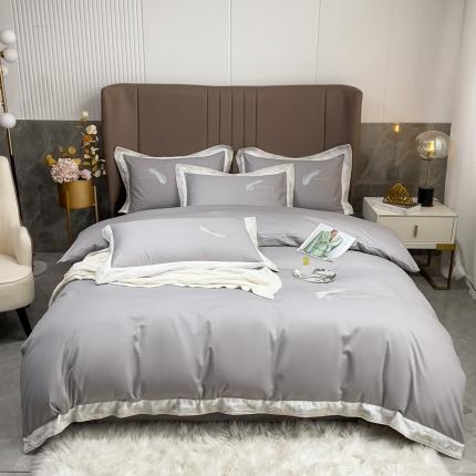 91家纺网 家纺一手货源 找家纺 （总）梧桐家居 2023新款13372全棉刺绣宽边四件套-叶羽系列