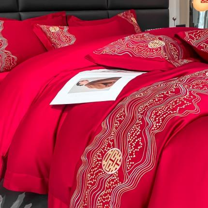 60支长绒棉婚庆四件套大红色结婚新疆棉喜庆床单被套简约纯色刺绣床上用品