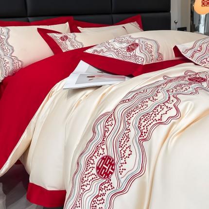 60支长绒棉婚庆四件套大红色结婚新疆棉喜庆床单被套简约纯色刺绣床上用品