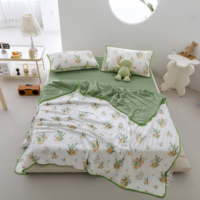 91家纺网 家纺一手货源 找家纺 花漾 2023新款A类针织棉凉感丝夏被凉席四件套 丁香花