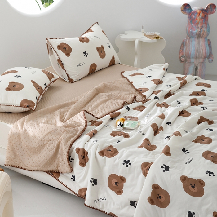 91家纺网 家纺一手货源 找家纺 花漾 2023新款A类针织棉凉感丝夏被凉席四件套 哈喽小熊