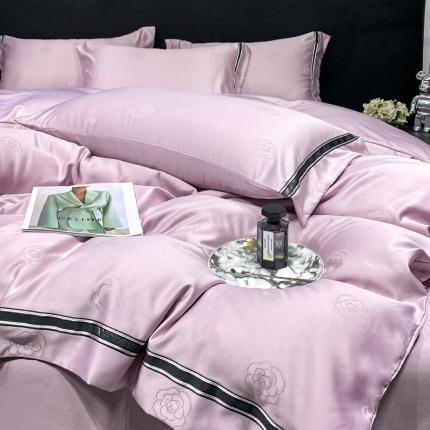 91家纺网 家纺一手货源 找家纺 宅家居2023新款设计款轻奢高精密贡缎提花臻品真丝四件套 山茶花-浅紫